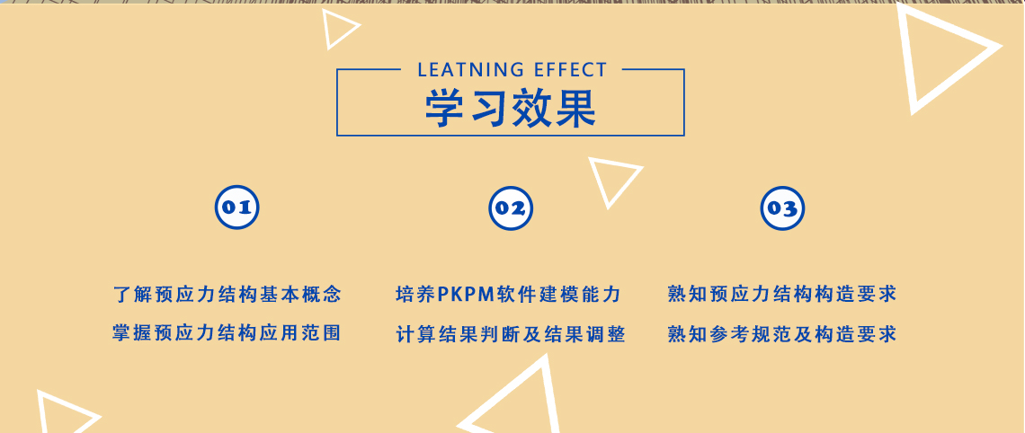 学习效果：1、了解预应力结构基本概念，掌握预应力结构应用范围；2、培养pkpm软件建模能力，计算结果判断及结果调整；3、熟知预应力结构构造要求，熟知参考规范及构造要求